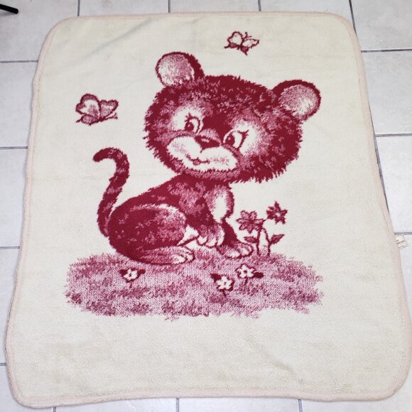 San Marcos Other - San Marcos Vintage Baby Blanket Cobija Bear Butterflies 41 X 46 Red Cream Tag